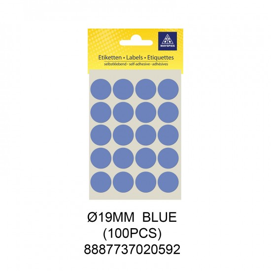 MAYSPIES MS019 COLOUR DOT LABEL / 5 SHEETS/PKT / 100PCS / ROUND 19MM BLUE